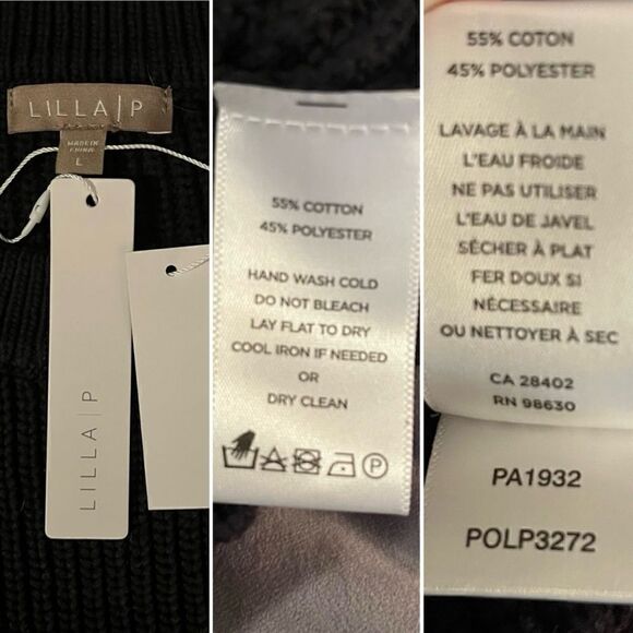 LILLA P Eyelet Ruffle Shoulder Trimmed Crew Neck Ribbed Sweater Black L - Picture 11 of 11